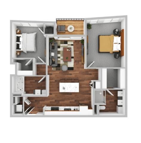 Floor plan for 2 beds, 2 baths, 1022 sqft